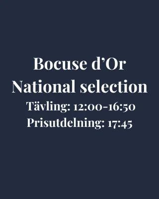 På måndag är det dags för den svenska uttagningen till Bocuse d'Or, Bocuse d'Or Sweden Commis Award och Sommelier-SM. Här ser ni alla tävlingstider.  Vi ses väl på Münchenbryggeriet?

Tävlingstider
Commis Award: 08:10-10:20
Bocuse d’Or: 12:00-16:50
Sommelier SM: 13:00-15:30

Prisutdelning (cirkatider)
Commis Award: 12:30
Bocuse d’Or:  17:45
Sommelier SM: 17:00

I lokalen kommer det även finnas utställare, intressanta föredrag och självklart ett härligt mingel! 
Registrera dig för gratis entrébiljett via vår hemsida.